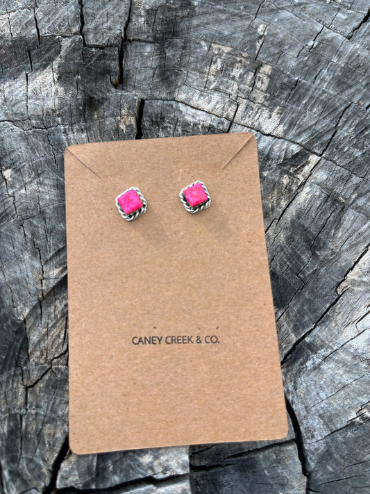 Pink Opal Extra Small Square Studs with Rope