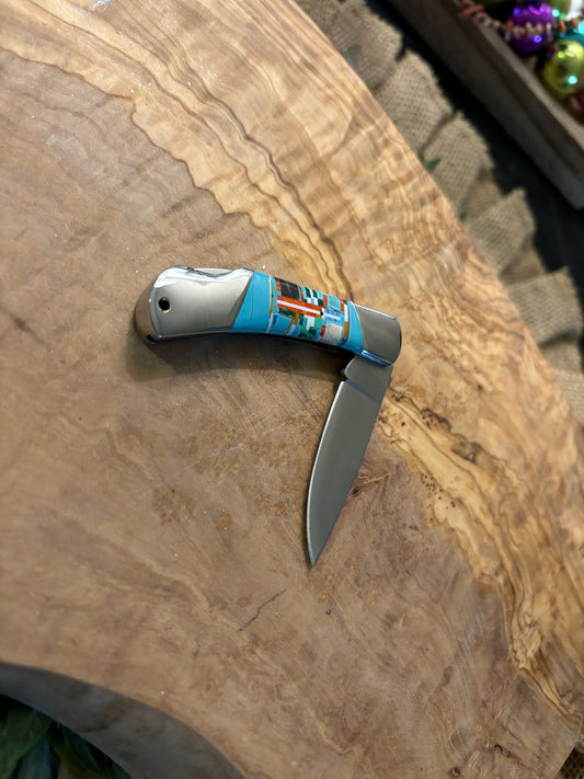 Turquoise Inlayed Single Blade Pocket Knife - Thick