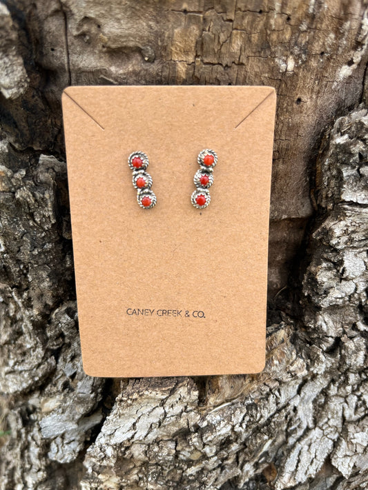 Red Coral 3-Stone Bar Studs