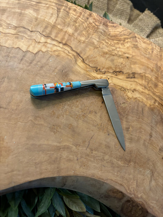 Turquoise Inlayed Single Blade Pocket Knife - Thin