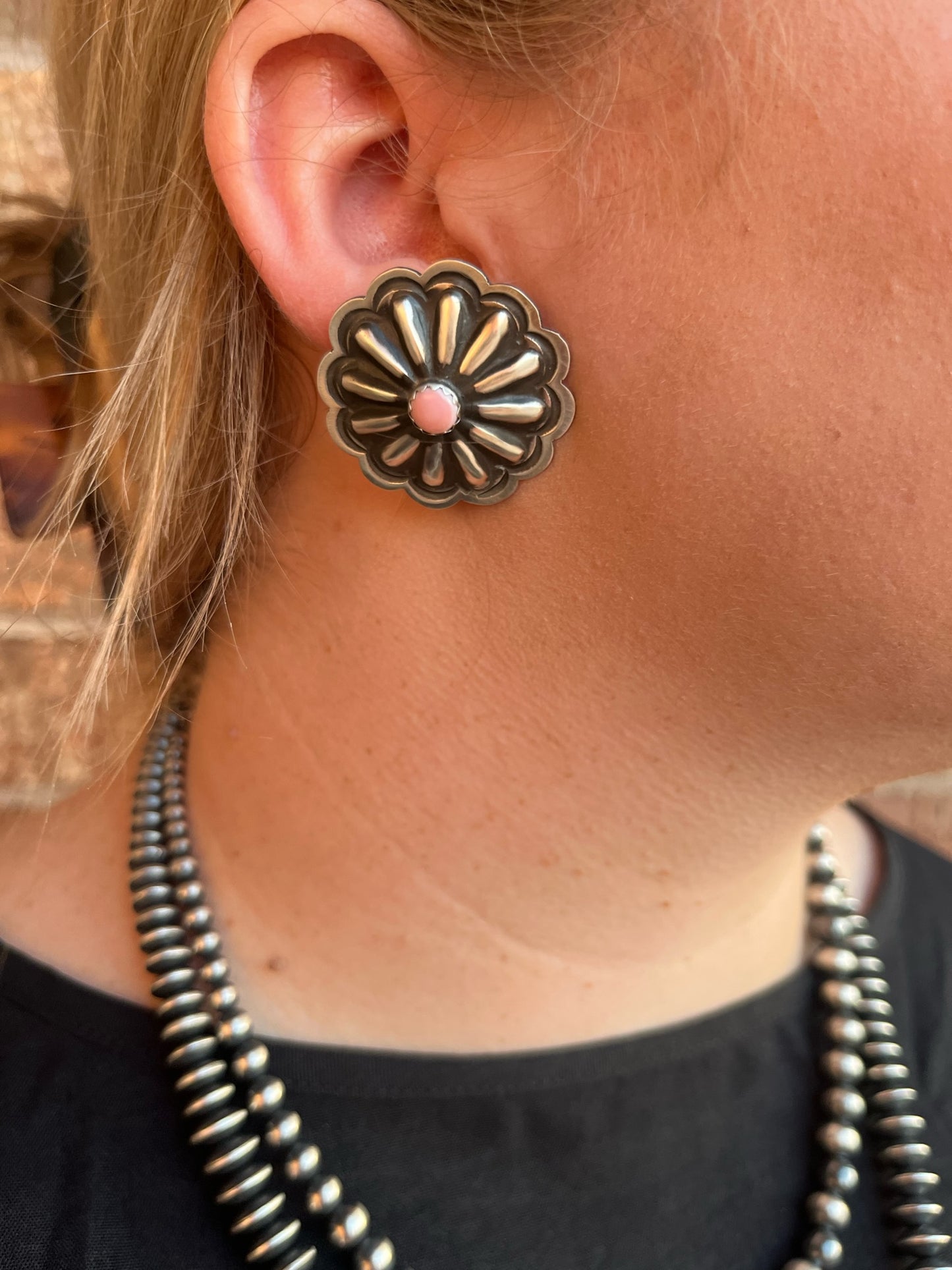 Pink Conch and Sterling Concho Studs - Large